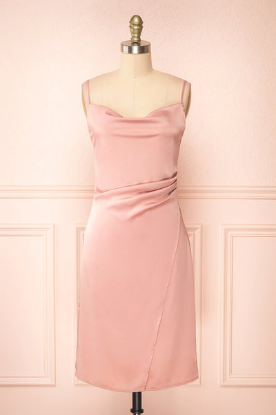 Zaina Pink Cowl Neck Satin Slip Dress | Boutique 1861 front view