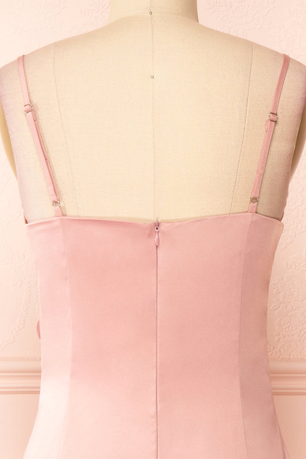 Zaina Pink Cowl Neck Satin Slip Dress | Boutique 1861 back close-up