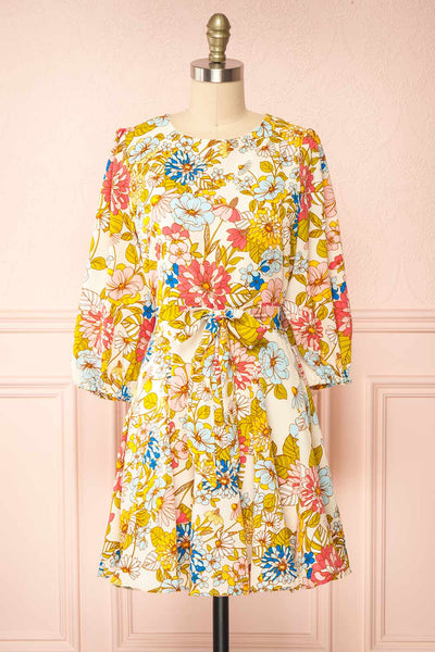 Zaira Short Floral Dress w/ 3/4 Sleeves | Boutique 1861 front view