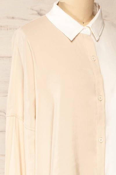Zarho Beige Two-tone Button-up Shirt | La petite garçonne side close-up