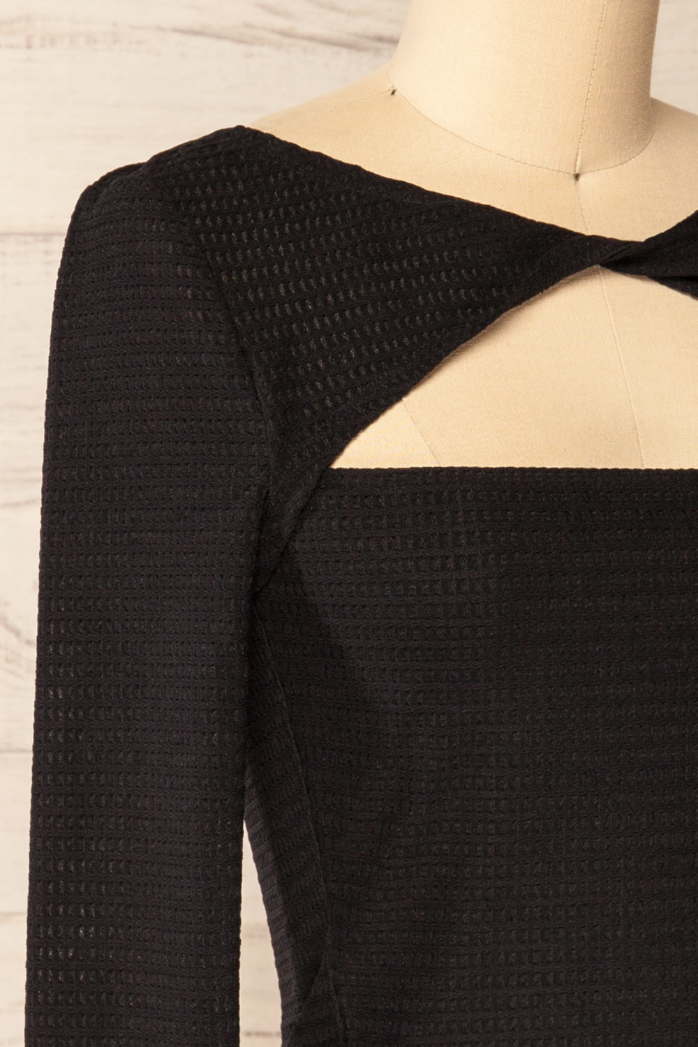 Zayna Black Twist Front Long Sleeve Top | La petite garçonne side close-up