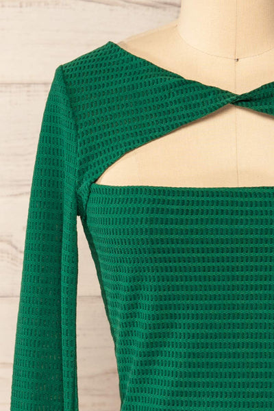 Zayna Green Twist Front Long Sleeve Top | La petite garçonne front close-up