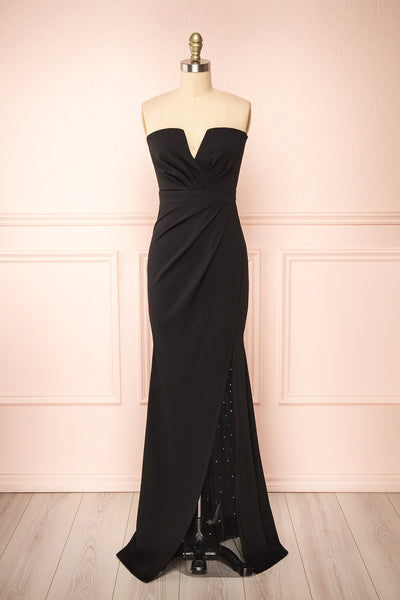 Zinnia Black Bustier Maxi Dress w/ Sparkling Slit | Boutique 1861 front view