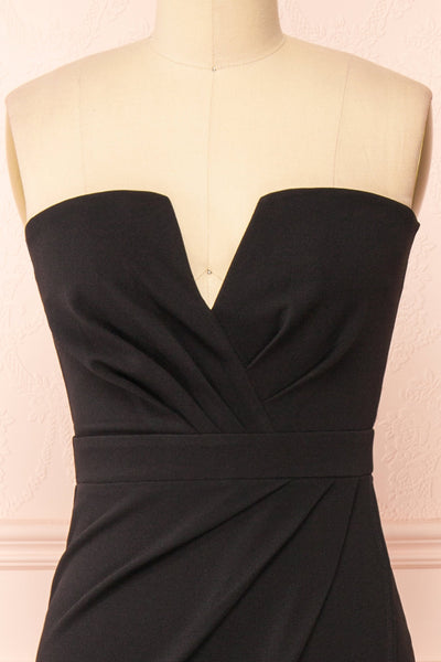 Zinnia Black Bustier Maxi Dress w/ Sparkling Slit | Boutique 1861 front close-up