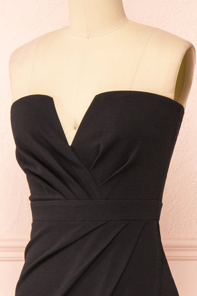 Zinnia Black Bustier Maxi Dress w/ Sparkling Slit | Boutique 1861 side close-up