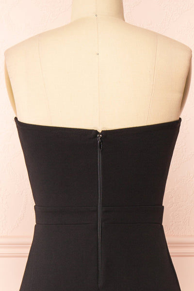 Zinnia Black Bustier Maxi Dress w/ Sparkling Slit | Boutique 1861 back close-up