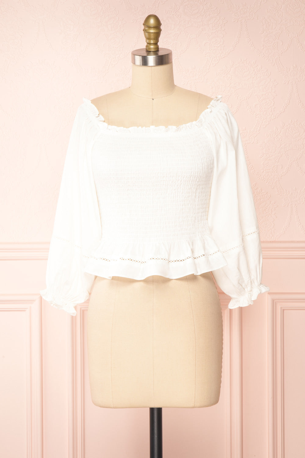 Zoelya White Ruched Crop Top with Frills | Boutique 1861 front view