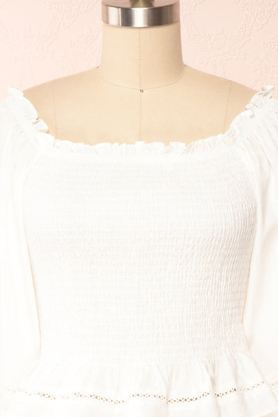 Zoelya White Ruched Crop Top with Frills | Boutique 1861 front close up