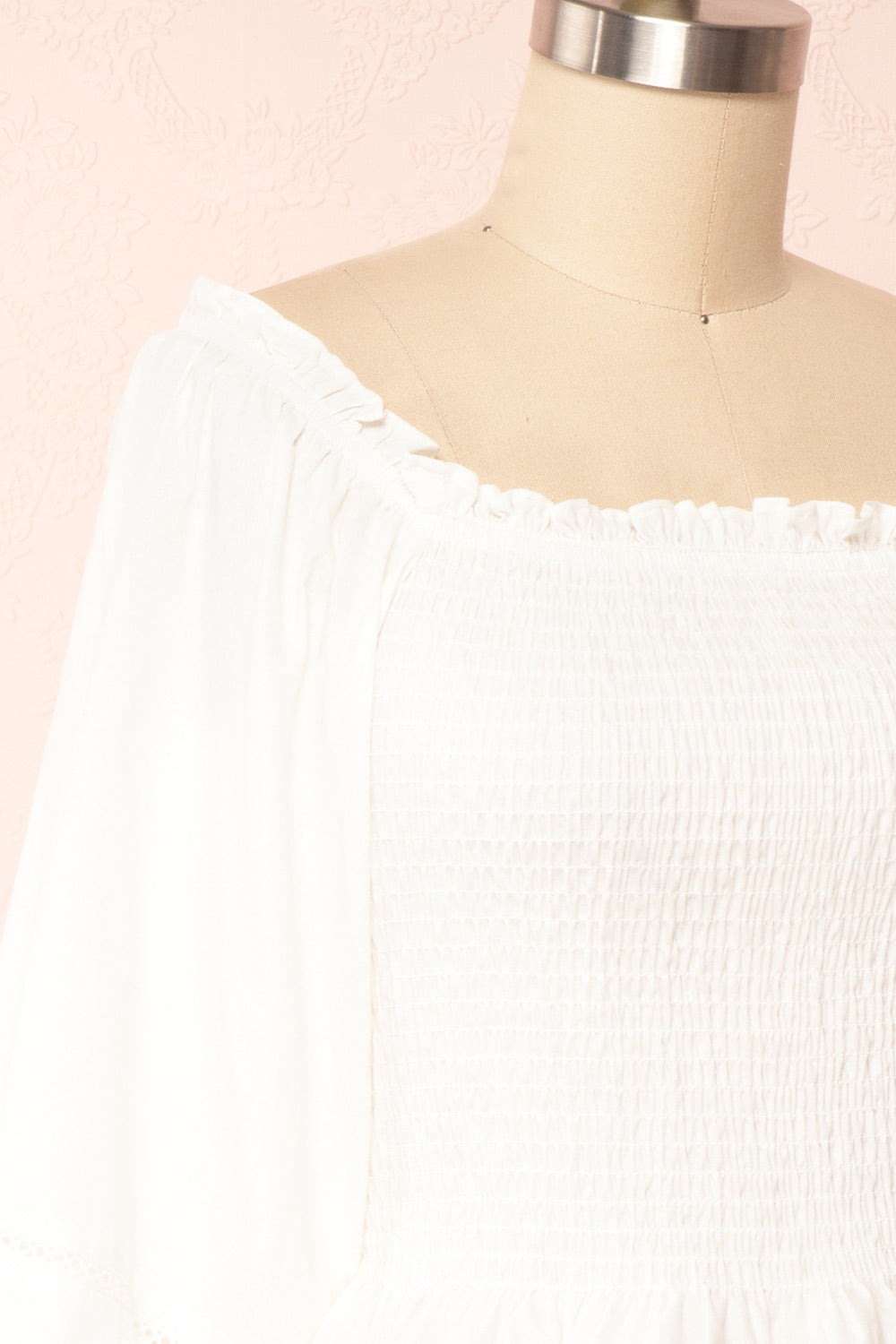 Zoelya White Ruched Crop Top with Frills | Boutique 1861 side close up