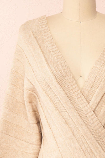Zora Beige Long Sleeve Faux Wrap Crop Top | Boutique 1861 front close-up
