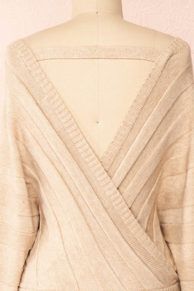 Zora Beige Long Sleeve Faux Wrap Crop Top | Boutique 1861 back close-up