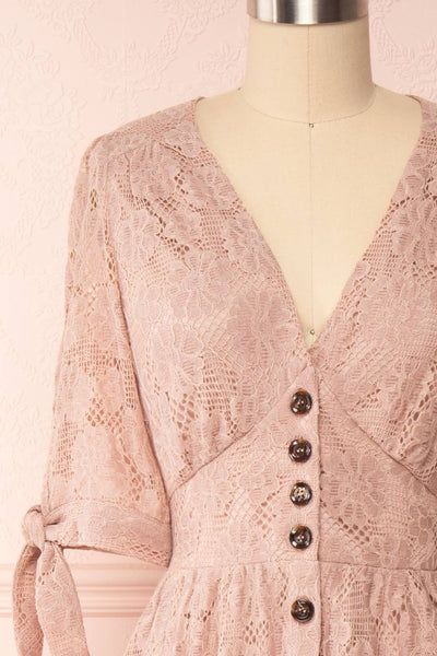 Zorina Pink Floral Lace Button-Up Midi Dress | Boutique 1861 front close-up