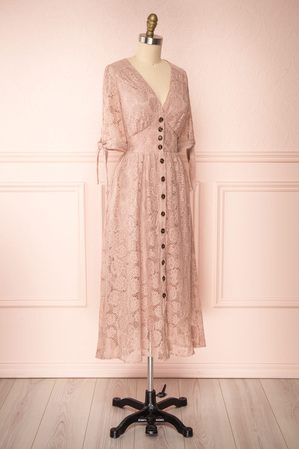Zorina Pink Floral Lace Button-Up Midi Dress | Boutique 1861 side view 