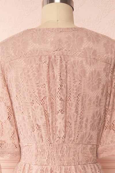 Zorina Pink Floral Lace Button-Up Midi Dress | Boutique 1861 back close-up